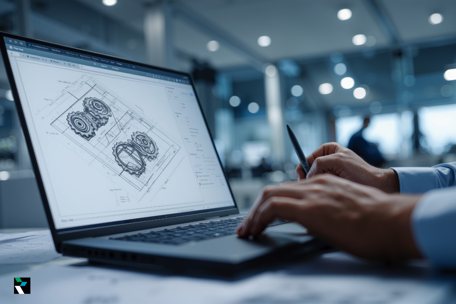 Two engineers (or client + engineer) discussing drawings or CAD renders on a tablet or laptop.